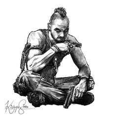 a pencil drawing of a man sitting on the ground with his hand under his chin