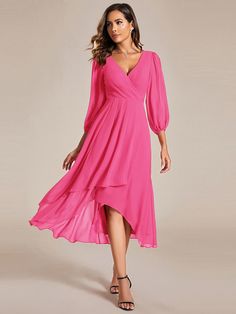 Step into the spotlight at your next wedding as a distinguished guest with this long sleeves asymmetrical hem A-line midi dress. The elegant A-line silhouette flatters every body type, while the asymmetrical hemline adds a contemporary twist. The long sleeves provide a touch of modesty, making it perfect for any wedding setting. Whether it's a garden ceremony or a romantic evening reception, this dress will ensure you are the epitome of sophistication and style. Elegant A-line High Low Dress For Spring, Summer Wedding Guest Long Sleeve Midi Dress, Long Sleeve Midi Dress For Wedding Guest, Fitted High Low Wedding Dress, Fitted High-low Wedding Dress, Elegant High-low Hem Wedding Dress, Spring Wedding Midi-length Asymmetrical Dress, Chic Long Sleeve Midi Dress For Wedding Guest, Elegant High Low Dress For Formal Spring Events