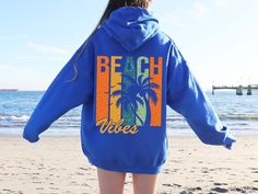 Beach Vibes Hoodie, Beach Sweatshirt, Summer Sweatshirt ✅ Made using advanced DTF technology and professional  heat press, our shirts are designed with high quality materials. 🔷 HOW TO PLACE YOUR ORDER? 🔷 Please be sure to carefully review the size, color, and design options provided in this listing. ✅ Select your desired size and shirt color from the available menus. ✅ Fill in the customization box with your preferred design color. You can refer to the listing photos to see the color choices. Blue Hooded Beach Tops, Blue Hooded Tops For Beach, Blue Hooded Top For Beach, Relaxed Fit Hoodie With Letter Print For Beach, Blue Hooded Tops For The Beach, Beach Season Long Sleeve Sweatshirt, Beach Long Sleeve Sweatshirt, Vsco Letter Print Sweatshirt For Beach, Long Sleeve Sweatshirt For Beach Season