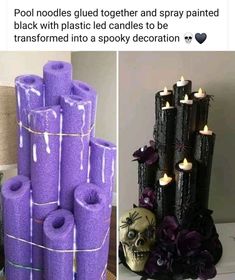 purple candles are stacked on top of each other and decorated with skulls, flowers, and ribbons