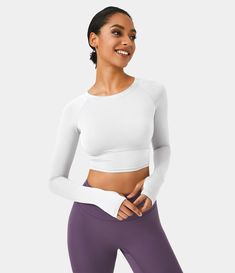 Solid Thumb Hole Cropped Sports Top – HALARA Solid Activewear With Thumbholes For Sports, Functional Long Sleeve Moisture-wicking Sports Bra, Sports Activewear With Thumbholes, Sporty Long Sleeve Moisture-wicking Sports Bra, Long Sleeve Moisture-wicking Sports Bra, Long Sleeve Moisture-wicking Sports Bra For Workout, Long Sleeve Sports Bra With Medium Support, High Stretch White Activewear, Supportive White Activewear For Light Sports