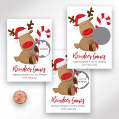 three christmas cards with reindeers and candy canes on them next to a penny