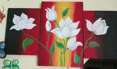 three white flowers painted on red and black canvases, with butterflies around them in the background