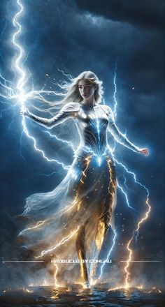 a woman is standing in the water surrounded by lightning