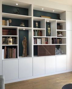 the bookshelves have many different types of books on them, and one is empty