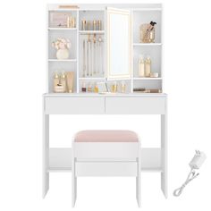 a white desk with a mirror, stool and shelves filled with cosmetics on top of it