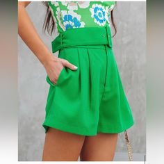 Green High Waisted Belted Shorts Large/Nwt 100% Polyester Hand Wash Cold, Dry Flat High Rise Waist Belt Pocketed Front Zipper And Hook Closure Lined Green High-waisted Shorts For Day Out, Green Bottoms With Short Inseam For Day Out, Green Bottoms For Day Out With Short Inseam, Trendy Green Shorts With Short Inseam, Green High-waisted Shorts, Chic Green Shorts With Short Inseam, Green Bottoms With Built-in Shorts For Day Out, High Waist Green Summer Shorts, Green High-waisted Summer Shorts