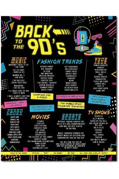 the back to the 90's fashion trend poster is shown on a black background