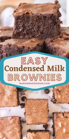 chocolate brownies stacked on top of each other with the title easy condensed milk brownies