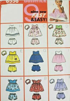 the sewing pattern for butterick's nine - piece baby dress and diaper