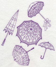 three umbrellas are shown in purple ink on white paper, and one has an intricate design