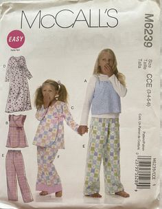 McCall's 6239 Pattern  Girls' Pajama Top, Pants, Gown Sz 3, 4, 5, 6 UNCUT. Girls Pajama, Girls Nightgown, Sewing Patterns Girls, Paper Sewing Patterns, Vogue Pattern, Mccalls Sewing Patterns, Mccalls Patterns, Simplicity Sewing Patterns, Girls Pajamas