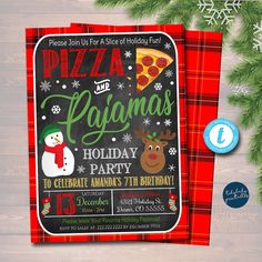 a pizza and christmas themed holiday party with snowman, reindeer, and pine tree