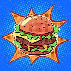 a hamburger with cheese and lettuce on blue background