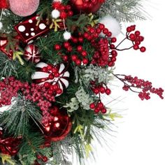 a christmas wreath with red and white ornaments