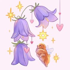 a drawing of two purple flowers hanging from strings with hearts and stars in the background