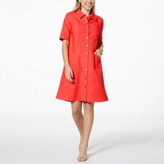 Nina Leonard Denim Button Front Float Dress     With a just-right length, this button-front denim dress creates the perfect casual-chic look every time. A-line Shirt Dress With Button Closure For Daywear, Casual Knee-length Dresses With Buttoned Pockets, Red Spring Dresses With Button Closure, Collared Denim Dress For Summer, Spring Shirt Dress With Buttoned Pockets For Day Out, Red Button-up Spring Dress, Spring Button-up Dress With Snap Buttons, Red Button-up Dress For Spring, Spring A-line Shirt Dress With Button Closure