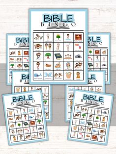 the printable bible bingo game is shown with four different pictures and numbers on it