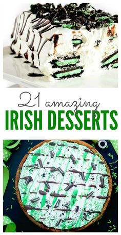 irish desserts with green and white frosting on top, including cake in the middle