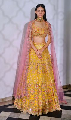 Aneesh Agarwaal-Yellow Floral Motif Lehenga Set-INDIASPOPUP.COM Yellow Multicolor Lehenga, Lemon Yellow Lehenga Color Combos, Pink And Yellow Lehenga, Yellow And Pink Lehenga, Pink Indian Outfit, Yellow Lehenga For Haldi, Aneesh Agarwaal, Colorful Lehenga, Haldi Outfit For Bride