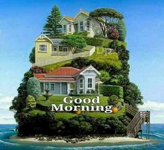 an island with houses and trees on it that says good morning