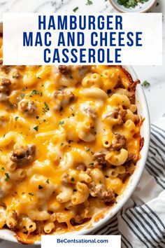 hamburger mac and cheese casserole in a white dish with text overlay that reads, hamburger mac and cheese casserole