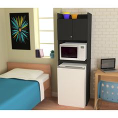 a room with a bed, desk and microwave in it's display area on the wall