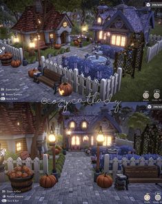 two pictures of a house with pumpkins in the yard