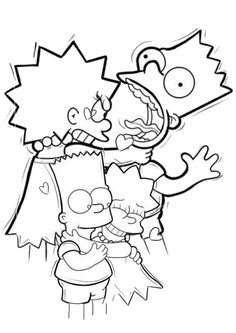 the simpsons family is hugging each other with their faces drawn in black and white ink