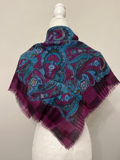 "This scarf is gorgeous!  It's an acrylic fringe scarf made in Japan for Glentex.  Glentex has a long history in beautiful scarves.  This one is from circa 70s, possibly older.  I love the vibrant colors!  Purple and turquoise dominate in a paisley and checked pattern.  It's very intricate and unique.  Quite stunning!  It is a large size 30\" x 30\" without fringe.  The fringe adds about 1/4\" on each side.  It's in excellent condition!  This one won't disappoint!  Love it!  Thanks for looking!" Blue Bohemian Scarf With Paisley Print, Blue Paisley Print Bohemian Scarf, Blue Bohemian Paisley Print Scarves, Vintage Blue Scarf One Size, Purple Bohemian Shawl Silk Scarf, Bohemian Purple Shawl Silk Scarf, Purple Bohemian Silk Shawl Scarf, Bohemian Purple Silk Shawl Scarf, Vintage Blue Scarves