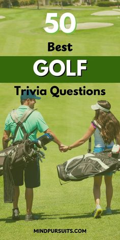 Image features a man and woman walking together on a golf course, each carrying their golf bags. The text "50 Best Golf Trivia Questions" is prominently displayed, inviting golf lovers to test their knowledge. This collection is ideal for trivia nights, parties, or casual gatherings, providing a fun way to learn and enjoy the sport. The overall theme emphasizes camaraderie and the enjoyment of golfing experiences. Sports Trivia, Trivia Questions For Kids, Ernie Els, Sam Snead, Famous Golf Courses, Brooks Koepka, Masters Tournament, British Open, Phil Mickelson