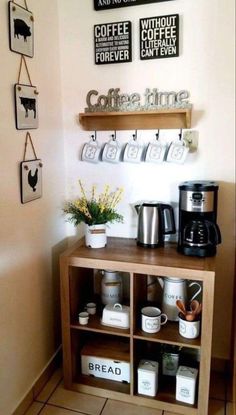 a coffee bar with various items displayed on the wall and shelves above it, along with mugs