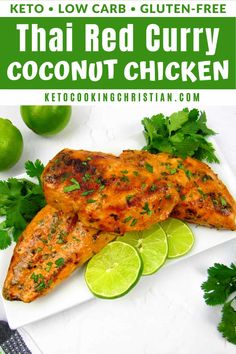 grilled chicken on a white plate with limes and cilantro garnish