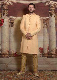 Peach Lukhnavi Chikenkari Indowestern Sherwani with Gold Pants Size : 40, 42, 44 Peach Embroidery, Indian Bridal Couture, Indowestern Sherwani, Modern Groom, Gold Pants, Celebrity Closet, Traditional Attire, Bridal Couture, Wedding Wear