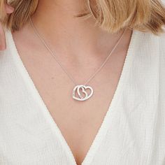 "Personalized Love Locked Interlocking Hearts Pendant Name Necklace. Dainty Unique Minimalist Style Jewelry in silver, gold, rose gold, solid gold. Christmas gifts for her, mom, sister, aunt, best friend, wife, or yourself. ★ D E T A I L S ∙ & ∙ M A T E R I A L ∙ I N F O Material: Sterling Silver 925 / 18k Gold Plated Sterling Silver 925 / 18k Rose Gold Plated Sterling Silver 925 / Gold Vermeil Plated Sterling Silver 925 Thickness: 1.1 mm / 0.04\" Measurements: 17.78 mm x 21.59 mm / 0.7\" x Double Heart Charm Necklaces For Valentine's Day Anniversary, Double Heart Charm Necklaces For Anniversary On Valentine's Day, Anniversary Charm Necklace With Heart Pendant, Heart Beads Charm Necklace For Valentine's Anniversary, Minimalist Heart Detail Necklace For Anniversary, Minimalist Double Heart Jewelry For Anniversary, Dainty Double Heart Necklace For Anniversary, Double Heart Charm Necklace For Anniversary, Double Heart Necklace With Clavicle Chain For Anniversary