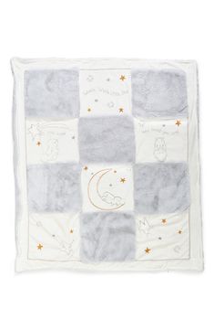 a baby blanket with stars and a bear on the moon in grey, white and gold