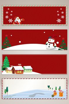 three christmas banners with snowman, santa clause and house on the top one is red