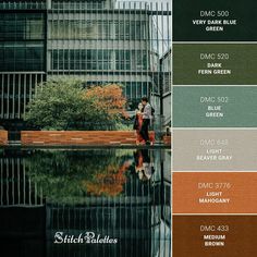 the color scheme for an office building is green, brown, and grey with orange accents