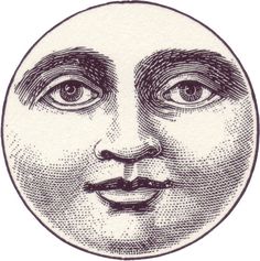 a black and white drawing of a man's face with the moon above it