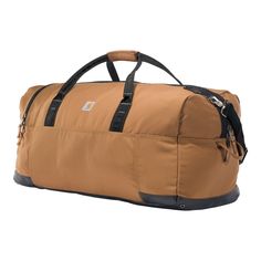 a tan duffel bag with black straps