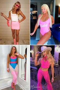 four different photos of women in pink and blue outfits