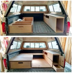 two pictures of the inside of a van with drawers and storage compartments in each compartment