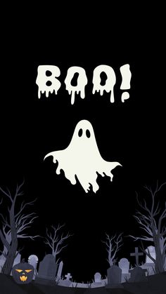 a black and white poster with the words boo on it in front of a graveyard