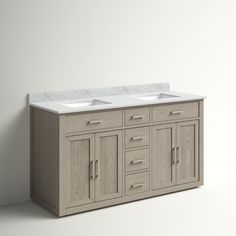 a bathroom vanity with two sinks and no mirror on the wall, in front of a white background