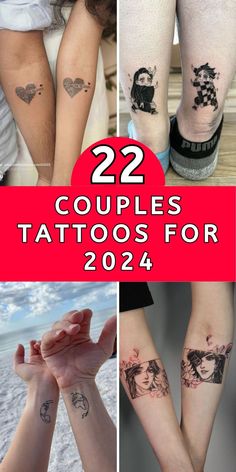 two couples tattoo designs for each other on their arms and legs, with the words couple tattoos