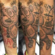 three different pictures of a man's leg with tattoos on it and an image of a