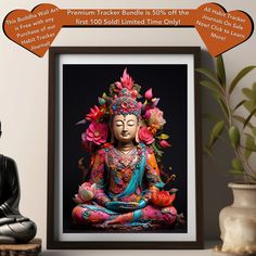 a buddha statue sitting on top of a table next to a vase and potted plant