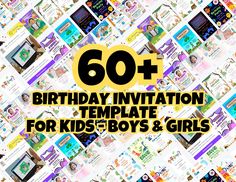 birthday party templates for boys and girls with the words 60th birthday in yellow on it