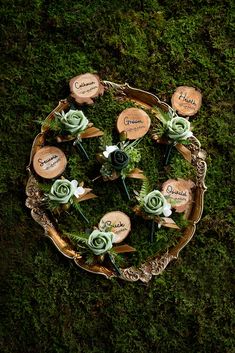 an overhead view of a plate with flowers and leaves on it, surrounded by moss