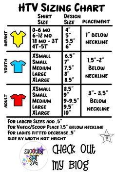 the htv sizing chart with measurements for each shirt